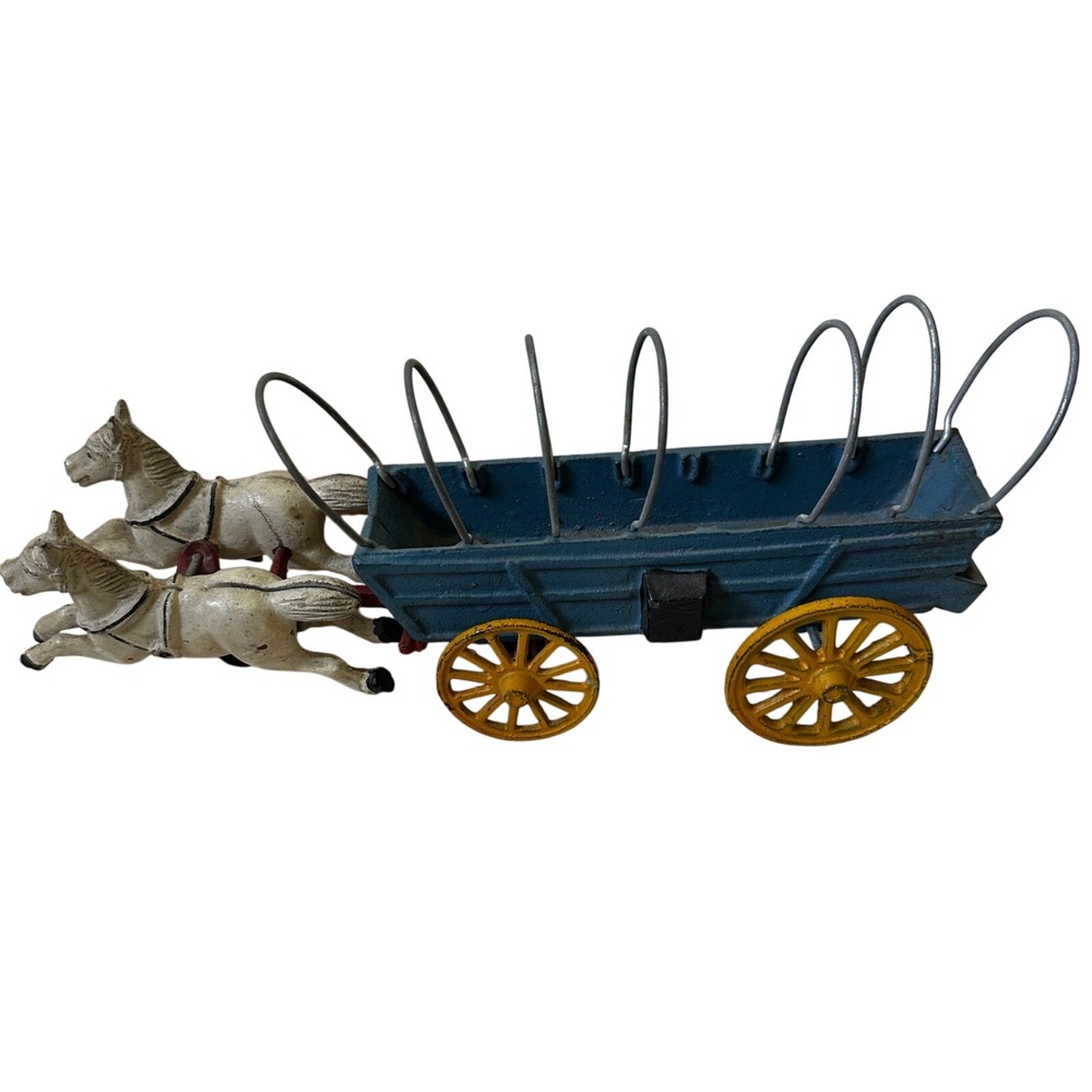 Vintage Cast Iron Horse Drawn Covered Wagon Toy Farm Americana Collectible - Picture 2 of 6
